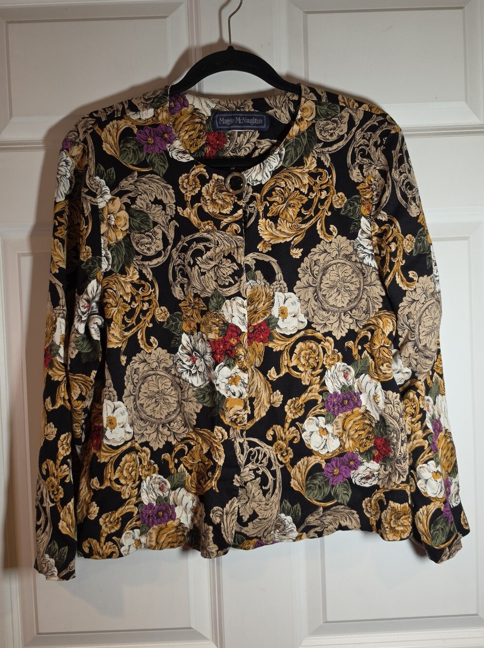 Maggie McNaughton Black Floral Button-Front Top with Gold and Multicolor Accents